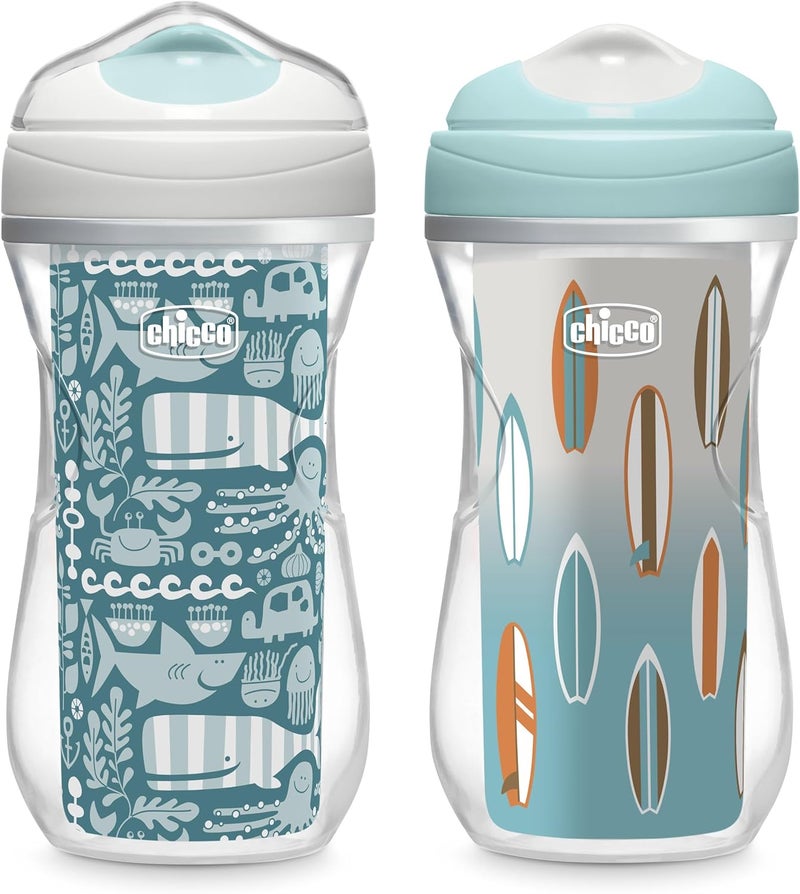 Chicco Double-Wall Insulated Sippy Cup with Bite-Proof Rim Spout and Spill-Free Lid 9oz. | Top-Rack Dishwasher Safe | Easy to Hold Ergonomic Indents | Ocean Print/Surf, 2pk | 12+ months - Image 1